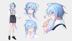 Rule 34 | 1boy, alternate costume, arknights, black footwear, blue hair, chinese commentary, closed eyes, closed mouth, collared shirt, commentary, flower, gradient hair, grey shorts, hair between eyes, highres, holding, holding flower, long hair, long sleeves, male focus, mizuki (arknights), multicolored hair, multiple views, pink eyes, pink flower, pink hair, pointy ears, ponytail, shirt, shorts, sidelocks, simple background, sleeve cuffs, smile, socks, suspenders, terrible-ball, very long hair, white background, white shirt, white socks