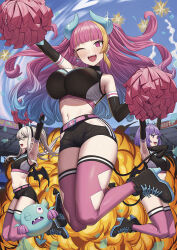 Rule 34 | 3girls, armpits, asymmetrical hair, bare shoulders, belt, black footwear, black shorts, blonde hair, blue horns, blunt bangs, blush, cheerleader, confetti, crop top, demon girl, demon horns, demon tail, detached sleeves, diffraction spikes, earrings, explosion, fangs, fireworks, floating hair, full body, gradient hair, green eyes, high heels, high tops, hip vent, holding, holding pom poms, horns, impossible clothes, jewelry, jumping, light brown hair, long hair, looking at viewer, mascot, matching outfits, michihasu, midriff, multicolored hair, multiple girls, navel, official art, one eye closed, open mouth, orange hair, original, pink belt, pink eyes, pink hair, pink thighhighs, pom pom (cheerleading), pom poms, purple eyes, purple hair, second-party source, shirt, shoes, short shorts, shorts, sidelocks, sky, sleeveless, sleeveless turtleneck, slit pupils, smile, sneakers, solo focus, stadium, tail, taut clothes, taut shirt, thighhighs, turtleneck