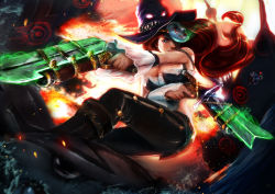 Rule 34 | 1girl, bare shoulders, bayonet, blue eyes, boat, boots, breasts, chomper, cleavage, detached sleeves, dual wielding, explosion, fangs, fizz (league of legends), gun, handgun, hat, highres, holding, lace, large breasts, league of legends, long hair, mask, pistol, red hair, miss fortune (league of legends), shark, smile, solo, weapon, witch hat
