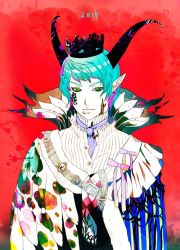 Rule 34 | 1boy, aqua hair, colorful, crown, earrings, feathers, green eyes, horns, jewelry, kaworu yanos, male focus, original, partially colored, pointy ears, shirt, solo