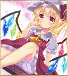 Rule 34 | 1girl, ascot, blonde hair, bloomers, dress, flandre scarlet, graphite (medium), hat, kittona, looking at viewer, millipen (medium), mob cap, puffy short sleeves, puffy sleeves, red dress, red eyes, shikishi, shirt, short sleeves, sitting, smile, solo, touhou, traditional media, underwear, upskirt, watercolor pencil (medium), wings