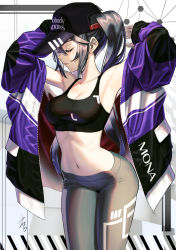 Rule 34 | 1girl, alternate costume, arched back, armpits, arms up, bare shoulders, baseball cap, black bra, black hair, bra, breasts, casual, cleavage, closed eyes, collarbone, cowboy shot, english text, genshin impact, hat, jacket, loose clothes, medium breasts, midriff, mona (genshin impact), navel, open mouth, pants, profile, purple hair, simple background, solo, sports bra, thighs, twintails, underwear, yamahara