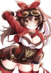 Rule 34 | 1girl, :d, absurdres, adjusting goggles, amber (genshin impact), bow, breasts, brown eyes, brown hair, brown shorts, cleavage, corset, cowboy shot, cropped jacket, genshin impact, gloves, goggles, goggles on head, hair bow, hairband, hand on own leg, highres, hood, jacket, leaning forward, legs apart, long hair, looking at viewer, medium breasts, nene (atsushi hamano), open mouth, red bow, red gloves, red hairband, red jacket, red thighhighs, shiny skin, short shorts, shorts, simple background, smile, solo, standing, thighhighs, thighs, white background