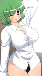 Rule 34 | 1girl, arm behind head, bad id, bad pixiv id, blush, breasts, cleavage, covered erect nipples, curvy, female focus, green hair, hip focus, huge breasts, impossible clothes, impossible shirt, kazami yuuka, kyokutou hentai samurai, looking at viewer, narrow waist, no bra, no pants, open mouth, panties, red eyes, shirt, short hair, smile, solo, touhou, underwear, wide hips