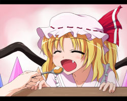 Rule 34 | 1girl, closed eyes, eating, embodiment of scarlet devil, fang, feeding, female focus, flandre scarlet, food, hat, letterboxed, pov feeding, ribbon, ryuushou, scallop, solo focus, touhou