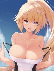 Rule 34 | 1girl, bare shoulders, blonde hair, blue eyes, blue sky, blush, breasts, cleavage, collarbone, competition swimsuit, fate/grand order, fate (series), high ponytail, highres, jeanne d&#039;arc (fate), jeanne d&#039;arc (swimsuit archer) (fate), jeanne d&#039;arc (swimsuit archer) (second ascension) (fate), large breasts, long hair, looking at viewer, one-piece swimsuit, open mouth, sky, smile, solo, swimsuit, tohoho (hoshinoyami), very long hair