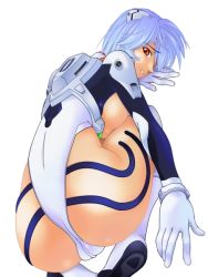 Rule 34 | 1girl, adapted costume, alternate breast size, ass, ayanami rei, blue hair, boots, breast press, breasts, breasts out, cameltoe, from below, full body, gloves, hair ornament, highleg, highleg leotard, large breasts, leotard, looking at viewer, looking back, neon genesis evangelion, parted lips, pilot suit, plugsuit, profile, protonsaurus, red eyes, short hair, sideboob, solo, squatting, thighhighs, white footwear, white thighhighs