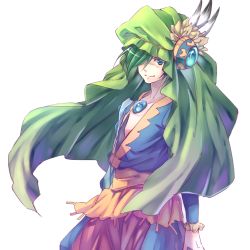 Rule 34 | 1boy, closed mouth, collarbone, cowboy shot, elazul, eye contact, facing viewer, feathers, gem, green eyes, green hair, hair between eyes, hair over eyes, hair over one eye, hat, jewelry, legend of mana, looking at another, looking at viewer, male focus, seiken densetsu, short hair, simple background, smile, solo, standing, tunic, white background, yuzucha