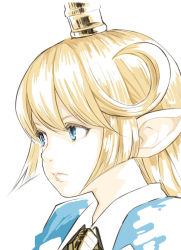 Rule 34 | 1girl, blonde hair, blue eyes, charlotta (granblue fantasy), female focus, frown, granblue fantasy, hair between eyes, harvin, long hair, looking up, pointy ears, portrait, serious, simple background, solo, walkalone, white background