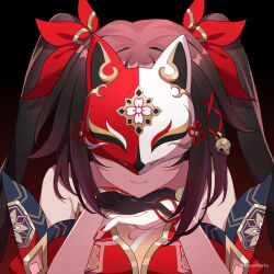 Rule 34 | 1girl, bare shoulders, black gloves, bow, brown hair, closed mouth, covered eyes, dress, facing viewer, fox mask, gloves, gradient hair, hair bow, highres, honkai: star rail, honkai (series), long hair, mask, miaotai miota, multicolored hair, own hands together, portrait, red bow, red dress, red hair, sidelocks, single glove, smile, solo, sparkle (honkai: star rail), straight-on, twintails