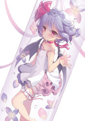 Rule 34 | 1girl, alternate costume, bare arms, bare shoulders, barefoot, bat wings, beni kurage, blue hair, blush, bridal garter, choker, collarbone, commentary request, dress, dutch angle, feet out of frame, flat chest, flower, hair between eyes, hair ribbon, hand up, highres, hydrangea, in container, layered skirt, looking at viewer, miniskirt, no headwear, petals, pink ribbon, pink skirt, pointy ears, red choker, red eyes, red ribbon, remilia scarlet, ribbon, ribbon choker, short hair, simple background, skirt, solo, spaghetti strap, touhou, white background, white dress, wings