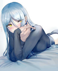 Rule 34 | 1girl, abyssal ship, ass, blush, breasts, fingernails, grey pants, grey sweater, hair between eyes, kantai collection, long hair, long sleeves, looking at viewer, lying, medium breasts, on bed, on stomach, pale skin, pants, sidelocks, solo, straight hair, sweater, ta-class battleship, walzrj, yellow eyes