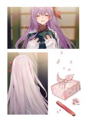 Rule 34 | bb (fate), bb (fate/extra), cherry blossoms, chocoan, closed eyes, coat, fate (series), highres, long hair, long sleeves, lunchbox, open mouth, petals, purple hair, red ribbon, ribbon, sleeves past wrists, smile, white coat, white hair