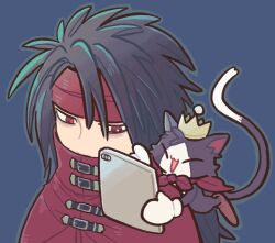 Rule 34 | 1boy, 1other, :3, animal, animal on shoulder, bags under eyes, bebe (ad234 tenrou), black fur, black hair, boots, brown footwear, cait sith (ff7), cape, cat, cat on shoulder, chibi, cloak, closed eyes, crown, final fantasy, final fantasy vii, final fantasy vii rebirth, final fantasy vii remake, gloves, grey background, hair between eyes, half-closed eyes, headband, holding, holding phone, long hair, male focus, mini crown, phone, red cape, red cloak, red eyes, red headband, tuxedo cat, two-tone fur, upper body, vincent valentine, white fur, white gloves
