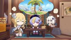 Rule 34 | &gt; &lt;, 3girls, blonde hair, blue eyes, book, book stack, chibi, chinese clothes, coconut, coconut tree, coin hair ornament, detached sleeves, dress, drinking straw, drinking straw in mouth, flower, full body, genshin impact, hair flower, hair ornament, halo, hat, highres, light purple hair, lumine (genshin impact), mechanical halo, multiple girls, official art, paimon (genshin impact), palm tree, pink eyes, purple headwear, qingdai guanmao, qiqi (genshin impact), short hair with long locks, tree, vision (genshin impact), white dress, white flower, white hair, white legwear