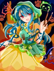 Rule 34 | 1girl, :d, apron, blue hair, commentary request, dress, eagle spirit (touhou), flower, green apron, green headwear, haniyasushin keiki, head scarf, highres, jewelry, lluta, long hair, looking at viewer, magatama, magatama necklace, necklace, one-hour drawing challenge, open mouth, otter spirit (touhou), pink flower, red eyes, short sleeves, single strap, smile, solo, touhou, wolf spirit (touhou), wood carving tool, yellow dress