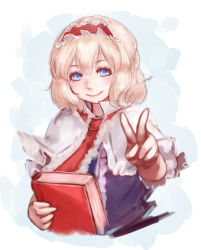 Rule 34 | 1girl, alice margatroid, blonde hair, blue dress, blue eyes, book, capelet, dress, hairband, highres, hoshibuchi, lolita hairband, looking at viewer, smile, solo, touhou, upper body, v