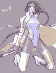 1girl black_hair braid chain dc_comics full_body grey_background jacket leotard long_hair mask mouth_mask simple_background solo thighhighs unfinished very_long_hair whip white_canary white_jacket white_leotard white_thighhighs