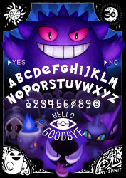 Rule 34 | absurdres, alphabet, blue fire, creature, creatures (company), duskull, english text, fangs, fire, fire, game freak, gastly, gen 1 pokemon, gen 3 pokemon, gen 4 pokemon, gen 5 pokemon, gen 6 pokemon, gengar, ghost, grin, haunter, highres, honedge, litwick, looking at viewer, lunatone, nintendo, no humans, ouija, pink eyes, pokemon, pokemon (creature), pokemon tower ghost, ry-spirit, shuppet, signature, smile, solrock, spiritomb, tomb, tongue, tongue out, yellow eyes