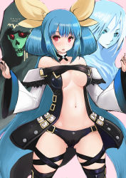 Rule 34 | 2girls, arc system works, asymmetrical wings, bare shoulders, black legwear, black panties, blue hair, blush, breasts, cameltoe, center opening, choker, cleavage, detached sleeves, dizzy (guilty gear), guilty gear, guilty gear xrd, hair ribbon, highres, johan (johan13), long hair, looking at viewer, multiple girls, navel, necro (guilty gear), open mouth, panties, pink background, red eyes, ribbon, tail, thighhighs, twintails, underboob, underwear, undine (guilty gear), wings, yellow ribbon