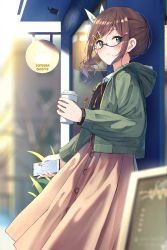 Rule 34 | 1girl, absurdres, black-framed eyewear, black sweater, blush, brown hair, brown skirt, cellphone, closed mouth, coffee cup, collared shirt, commentary request, cup, disposable cup, enuni, glasses, green eyes, green jacket, hair ornament, hairclip, highres, holding, holding cup, holding phone, hood, hood down, hooded jacket, jacket, long hair, neck ribbon, original, phone, red ribbon, ribbon, semi-rimless eyewear, shirt, skirt, solo, sweater, under-rim eyewear, white shirt, yumesaki emiko