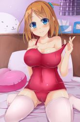 Rule 34 | 1girl, bad id, bad pixiv id, bed, bed sheet, blue eyes, blush, breasts, brown hair, cameltoe, cleavage, large breasts, one-piece swimsuit, original, pillow, school swimsuit, short hair, side ponytail, sitting, smile, solo, swimsuit, thighhighs, wariza, white thighhighs, yahiro (anhnw)