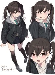 Rule 34 | 1girl, :o, absurdres, black footwear, black jacket, black skirt, black thighhighs, blush, brown eyes, brown hair, character name, collared shirt, commentary request, drawstring, fangs, garin, green necktie, hair between eyes, highres, hood, hood down, hooded jacket, idolmaster, idolmaster cinderella girls, jacket, long hair, long sleeves, looking at viewer, mask, mask pull, miniskirt, mole, mole under eye, mouth mask, necktie, open mouth, pleated skirt, shirt, shoes, sidelocks, skirt, sleeves past wrists, sneakers, solo, striped necktie, striped neckwear, sunazuka akira, surgical mask, thighhighs, tongue, tongue out, twintails, v-shaped eyebrows, white shirt, zettai ryouiki