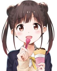 Rule 34 | 1girl, bashosho, blush, brown eyes, brown hair, double bun, grey jacket, hair bun, highres, holding, holding spoon, ice cream cone, idolmaster, idolmaster shiny colors, jacket, long hair, looking at viewer, open mouth, ribbon, school uniform, shirt, simple background, smile, solo, sonoda chiyoko, spoon, sweater, twintails, white background, white shirt, yellow ribbon