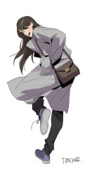 Rule 34 | 1girl, absurdres, bag, black eyes, black pants, blue footwear, blush, brown bag, brown hair, commentary, english commentary, floating hair, from behind, full body, glasses, grey jacket, hair behind ear, hand in pocket, handbag, highres, jacket, leaning forward, long hair, long sleeves, looking at viewer, looking back, open mouth, original, pants, round eyewear, shoes, simple background, smile, sneakers, solo, tb choi12, white background
