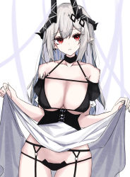 Rule 34 | 1girl, absurdres, arknights, bare shoulders, bikini, black bikini, black choker, breasts, cat ear bikini, choker, cleavage, clothes lift, collarbone, corset, cowboy shot, detached sleeves, earrings, frilled sleeves, frills, garter belt, grey hair, highres, horns, jewelry, large breasts, lifting own clothes, long hair, looking at viewer, material growth, mudrock (arknights), oripathy lesion (arknights), parted lips, pointy ears, red eyes, short sleeves, skirt, skirt lift, solo, swimsuit, touko (toko12 tooko), white skirt