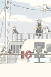 Rule 34 | 1girl, absurdres, bird, blush, boat, brown eyes, closed mouth, collarbone, east sha2, expressionless, grey hair, highres, lifebuoy, looking away, original, outdoors, short hair, solo, standing, swim ring, watercraft, window