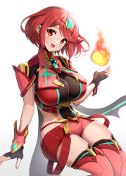 Rule 34 | absurdres, black gloves, breasts, chest jewel, circlet, cleavage, earrings, fingerless gloves, fire, gloves, gonzarez, highres, jewelry, large breasts, looking at viewer, open mouth, pyra (xenoblade), red eyes, red hair, short hair, short shorts, shorts, smile, solo, star (symbol), star earrings, thighhighs, thighs, xenoblade chronicles (series), xenoblade chronicles 2