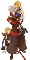 Rule 34 | 1girl, 2boys, arc system works, blazblue, blazblue: calamity trigger, blonde hair, carrying, coat, detached sleeves, evivi, gloves, green eyes, grey hair, heterochromia, kisaragi jin, long hair, long image, looking up, multiple boys, noel vermillion, ragna the bloodedge, red eyes, red ribbon, ribbon, short hair, sitting, tall image, thighhighs, trench coat