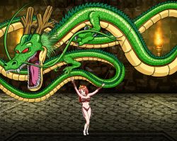 Rule 34 | 1girl, bdsm, bondage, bound, bound arms, bound legs, breasts, crossover, dragon, dragon ball, dragon quest, dragon quest i, eastern dragon, jewelry, long hair, necklace, open mouth, princess, princess laura, professormegaman, rope, scenery, shenron, tail, tiara