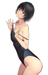 Rule 34 | 1girl, amagami, black eyes, black hair, black one-piece swimsuit, bob cut, clothes pull, commentary request, competition swimsuit, cowboy shot, looking at viewer, nanasaki ai, one-piece swimsuit, one-piece swimsuit pull, serizawa (serizawaroom), short hair, simple background, smile, solo, standing, swimsuit, white background