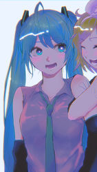 Rule 34 | 2girls, ^ ^, absurdres, arm hug, blonde hair, blue hair, blue neckwear, bow, bright pupils, closed eyes, cowlick, detached sleeves, hair bow, hatsune miku, highres, kagamine rin, locked arms, long hair, looking at another, looking to the side, multiple girls, necktie, open mouth, short hair, tattoo, twintails, u ~eiu~eiu~eiu~ei, vocaloid, white pupils