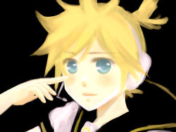 Rule 34 | 1boy, ataru (7noise), bad id, bad pixiv id, black background, blonde hair, kagamine len, looking at viewer, lowres, male focus, ponytail, smile, solo, vocaloid