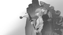 Rule 34 | 3boys, 3girls, aged down, ahab (project moon), coat, greyscale, harpoon, hat, highres, holding, holding weapon, ishmael (project moon), limbus company, long hair, long sleeves, military hat, military uniform, monochrome, multiple boys, multiple girls, necktie, pip (project moon), project moon, queequeg (project moon), shiqicheng, shirt, short hair, simple background, smoking pipe, spoilers, starbuck (project moon), stubb (project moon), uniform, very long hair, weapon