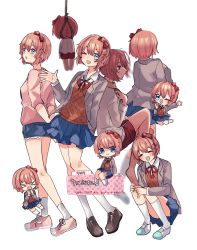 Rule 34 | 1girl, blazer, blue eyes, blue shorts, blue skirt, blush, bow, brown footwear, brown jacket, chibi, closed eyes, closed mouth, denim, denim shorts, depressed, doki doki literature club, empty eyes, hand up, highres, jacket, jumping, long sleeves, looking at viewer, nono kana, noose, one eye closed, open clothes, open jacket, open mouth, pink footwear, pink hair, pink shirt, red bow, red shorts, rope, sad, sayori (doki doki literature club), school uniform, shirt, shoes, short hair, shorts, simple background, sitting, skirt, socks, solo, spoilers, suicide, white background, white footwear, white shirt, white socks