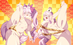 Rule 34 | 2girls, 846-gou, absurdres, animal ear fluff, animal ears, armpits, bikini, blush, bow, breasts, cleavage, crotch, dual persona, earrings, fang, fate/grand order, fate (series), flexible, fox ears, fox girl, fox tail, garrison cap, glasses, gluteal fold, hair between eyes, hair bow, hat, highres, jewelry, koyanskaya (assassin) (first ascension) (fate), koyanskaya (fate), koyanskaya (foreigner) (first ascension) (fate), large breasts, leg lift, leg up, long hair, looking at viewer, multiple girls, navel, one-piece swimsuit, open mouth, pink bow, pink hair, ponytail, sidelocks, slingshot swimsuit, smile, split, spread legs, standing, standing on one leg, standing split, swept bangs, swimsuit, tail, tamamo (fate), thighs, tiger stripes, white headwear, yellow bikini, yellow eyes, yellow one-piece swimsuit