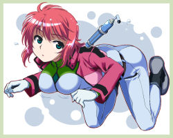 Rule 34 | 00s, 1girl, alternate hairstyle, blue eyes, boots, bottle, breasts, cropped jacket, feldt grace, floating, gloves, gundam, gundam 00, hasil, jacket, large breasts, pants, pink hair, short hair, solo, tight clothes, tight pants, water bottle, white gloves