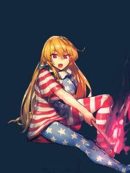 Rule 34 | 1girl, aged up, american flag dress, american flag legwear, blonde hair, breasts, clownpiece, collar, fang, fire, frilled collar, frilled shirt collar, frills, highres, large breasts, long hair, looking at viewer, melon22, no headwear, open mouth, pantyhose, red eyes, shirt, simple background, sitting, solo, star (symbol), striped, torch, touhou, very long hair