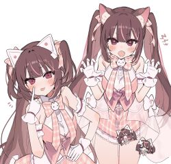 Rule 34 | 1girl, :3, akanbe, animal ear fluff, animal ears, blush, chibi, claw pose, commission, dress, eyelid pull, fang, frills, gloves, hair ribbon, highres, long hair, looking at viewer, multiple views, napenasupe, open mouth, original, pink dress, pink eyes, pink ribbon, plaid, plaid ribbon, ribbon, simple background, skeb commission, sleeveless, sleeveless dress, tongue, tongue out, twintails, white background, white gloves