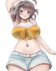 Rule 34 | 1girl, ahoge, belt, bikini, breasts, brown hair, chougei (kancolle), cleavage, cowboy shot, denim, denim shorts, front-tie bikini top, front-tie top, grey eyes, hair rings, highres, kantai collection, large breasts, long hair, looking at viewer, official alternate costume, one-hour drawing challenge, orange bikini, redundant-cat, shorts, simple background, solo, swimsuit, visor cap, white background, white belt, white shorts, wide hips