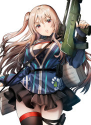 Rule 34 | 1girl, asymmetrical legwear, bad id, bad twitter id, black skirt, black thighhighs, breasts, bullpup, carbine, cleavage, fingerless gloves, girls&#039; frontline, gloves, gun, hezi sm-1, highres, holding, holding gun, holding weapon, jacket, light brown hair, lips, long hair, long sleeves, one side up, open mouth, personal defense weapon, red eyes, rifle, sakaki rin, simple background, skirt, sm-1 (girls&#039; frontline), solo, thigh strap, thighhighs, turtleneck, uneven legwear, weapon, weapon case, white background