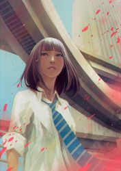 Rule 34 | 1girl, bad id, bad twitter id, blue necktie, blue sky, blunt bangs, bridge, brown hair, building, commentary request, day, diagonal stripes, highres, long sleeves, necktie, original, outdoors, parted lips, shirt, short hair, sky, skyscraper, sleeves rolled up, solo, standing, striped, wataboku, white shirt