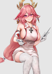 Rule 34 | 1girl, absurdres, alternate costume, animal ears, blush, breasts, collared dress, detached sleeves, dress, earrings, evil grin, evil smile, fox ears, genshin impact, gloves, grey background, grin, hair between eyes, hair ornament, highres, holding, holding stethoscope, invisible chair, jewelry, large breasts, long hair, looking at viewer, low-tied long hair, nathda, nurse, pink hair, purple eyes, short sleeves, sideboob, sitting, sleeveless, sleeveless dress, smile, stethoscope, thighhighs, vision (genshin impact), white dress, white gloves, white thighhighs, yae miko