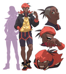 Rule 34 | 1boy, :d, absurdres, black hoodie, closed mouth, collared shirt, commentary, creatures (company), dark-skinned male, dark skin, earrings, full body, game freak, hand in pocket, hand up, headband, highres, holding, holding poke ball, hood, hoodie, jewelry, knees, leon (pokemon), looking at viewer, male focus, multiple views, nintendo, open mouth, orange headband, poke ball, pokemon, pokemon swsh, raihan (pokemon), redlhzz, shirt, short hair, smile, standing, teeth, ultra ball, undercut