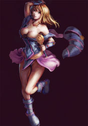 Rule 34 | 1girl, arm up, armpits, bare shoulders, blonde hair, blue footwear, boots, breasts, choker, cleavage, dark magician girl, detached sleeves, duel monster, erinerin99, female focus, green eyes, hat, unworn hat, unworn headwear, jewelry, large breasts, leg lift, leg up, leggings, legs, necklace, open mouth, pelvic curtain, solo, wand, yu-gi-oh!, yuu-gi-ou, yu-gi-oh! duel monsters