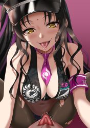 Rule 34 | 1boy, 1girl, absurdres, after kiss, bare shoulders, bikini, black bikini, black hair, black headwear, black pantyhose, blush, breasts, cleavage, covered navel, facial mark, fate/grand order, fate (series), forehead mark, girl on top, halterneck, hat, highres, large breasts, long hair, multicolored hair, necktie, open mouth, pantyhose, parted bangs, pink hair, police hat, ponytail, saliva, saliva trail, sessyoin kiara, sessyoin kiara (swimsuit mooncancer), sessyoin kiara (swimsuit mooncancer) (second ascension), sirano, sitting, sitting on person, smile, straddling, streaked hair, swimsuit, thighs, tongue, tongue out, very long hair, yellow eyes